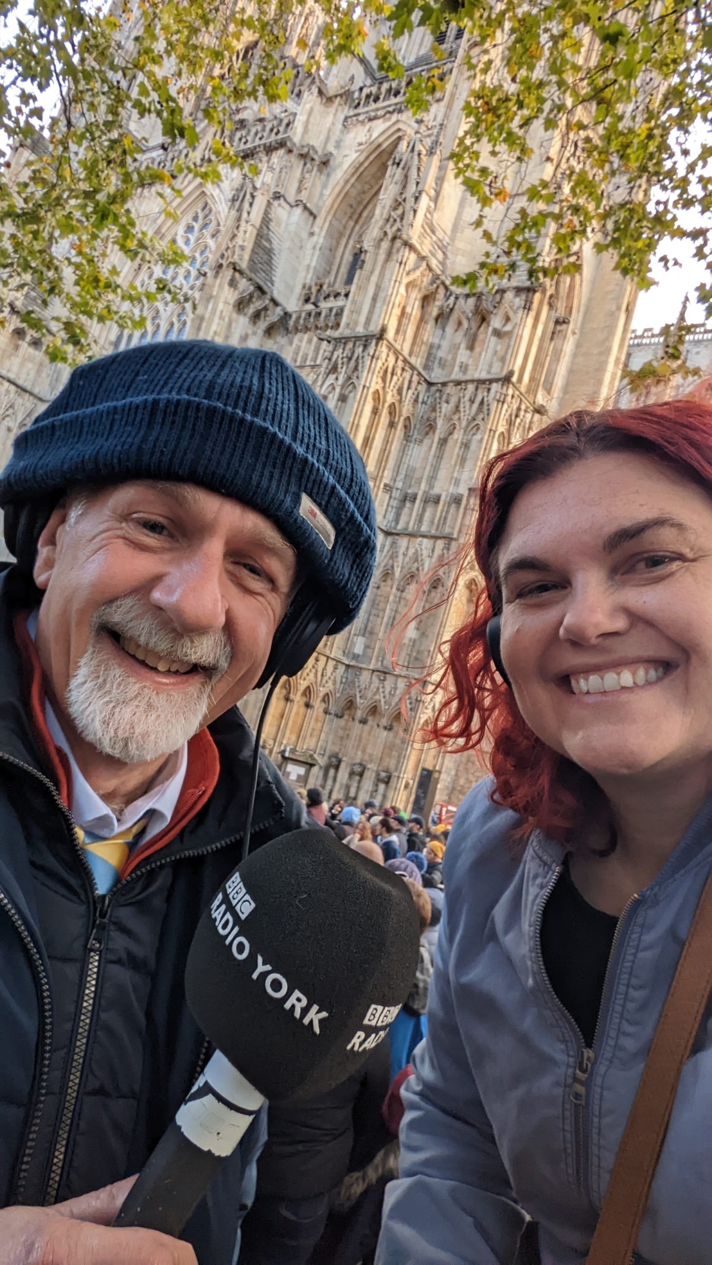 Katie Hall and Jonathan Cowap with a BBC Radio York microphone.